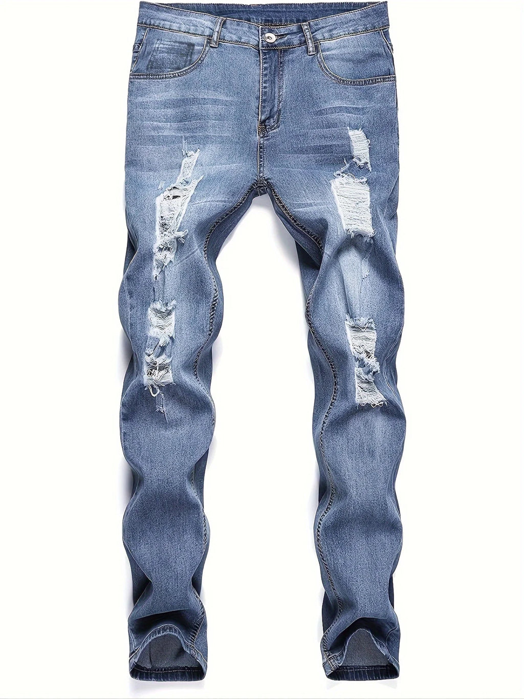 Men's Slim Fit Ripped Straight-Leg Jeans, Slim Stretch Jeans, Versatile Street-Style Jeans