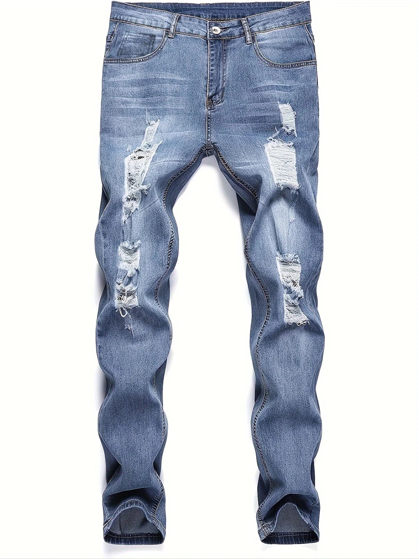 Men's Slim Fit Ripped Straight-Leg Jeans, Slim Stretch Jeans, Versatile Street-Style Jeans