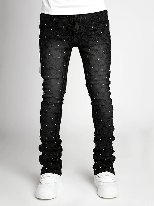 Men's denim fashion personality straight leg men's pants European and American fashion Instagram hot item elastic pearl denim la