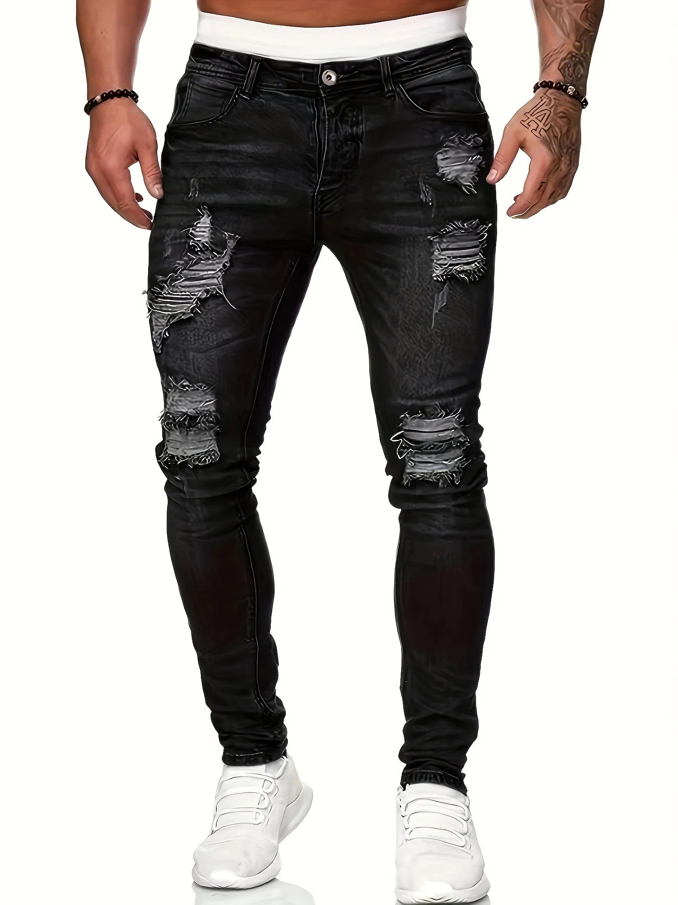 Men's Slim Fit Ripped Straight-Leg Jeans, Slim Stretch Jeans, Versatile Street-Style Jeans